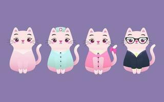linda adorable gatito gato profesional trabajador mascota moderno plano ilustración personaje - enfermero, Actriz, secretario, oficina chica, profesor vector