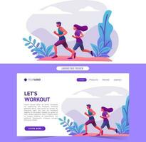 Man and woman jogging running healthy exercising in the park vector illustration for web site home landing page and banner