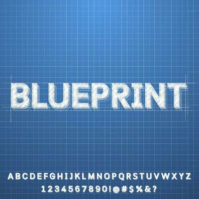 Blueprint rough sketch blue background with white text effect alphabet letter font collection set