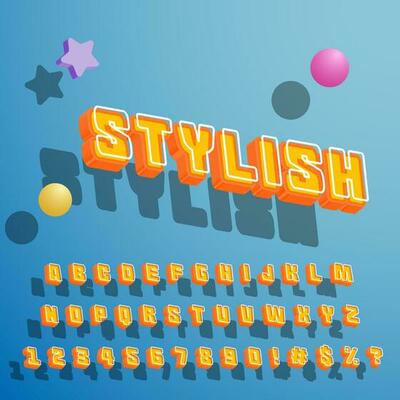 3D isometric perspective stylish cool youth pop colorful bright font text alphabet collection set