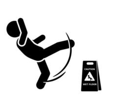 Slippery floor causes stick figure to slip and fall. vector