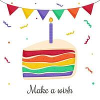 Birthday card with slice of colorful cake. vector