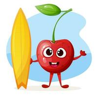 Funny cherry character  holding a surfboard vector