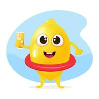 Funny lemon character with rubber ring and holding a glass of juice vector