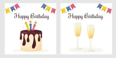 Birthday card set with cake and two champagne glasses. vector