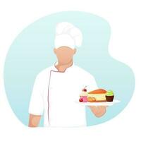 Chef holding a plate with different sweets. Sweet bakery banner template vector