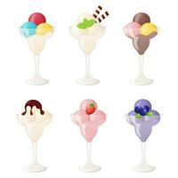 Different flavor ice cream balls in a glass decorated  with mint, waffle, chocolate and berries. vector