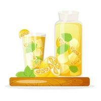 Lemonade in a glass cup and jar standing on cutting board decorated with mint and lemon. vector