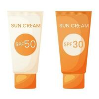 Set of cosmetic sun cream. Sun protection lotion in a tube. vector