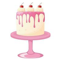 Cake standing on a stand decorated with cream and cherry. vector