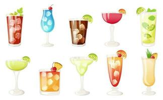 Popular alcoholic cocktail set. Bloody Mary, blue lagoon, Cuba libre, cosmopolitan, mojito, daiquiri, mai tai, margarita, tequila sunrise, Pina colada. vector