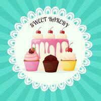 Card with cake and cupcakes. Sweet bakery banner. vector
