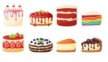 Different type of cakes set. Sweet bakery elements. vector