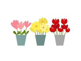 Vector flat flowers in pots set. Vector daffodils, tulips and roses flowers