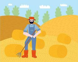 Vector farmer in uniform  collecting hay on autumn fields landscape. Flat style hay making concept vector illustration