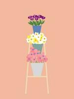 Flower bouquets on wooden staircase vector flat illustration
