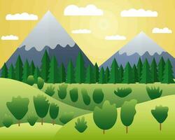 vector verano montañas paisaje en plano estilo. plano colinas y montaña bosque vector ilustración