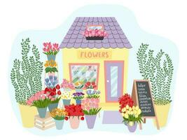 Floral market facade interior illustration. Flat style flower shop decorated with plants and flowers vector illustration.