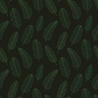 Vector banana leaves  pattern on black background. Hand drawn banana leaf seamless pattern
