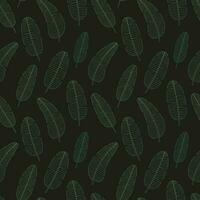 Vector banana leaves  pattern on black background. Hand drawn banana leaf seamless pattern