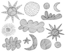 Different objects of weather set. Hand drawn doodle weather elements set vector