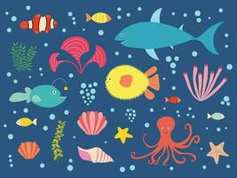 Vector sea fish flat style set. Different kinds of fish and seaweed set. Shark, anglerfish, globefish, octopus, clownfish, shells, reef fish, algae and starfish