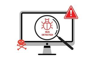 computadora monitor malware virus y loco detectado ilustración con lupa en teléfono inteligente pantalla vector