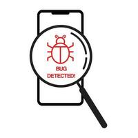 teléfono inteligente malware virus y loco detectado ilustración con lupa en teléfono inteligente pantalla vector