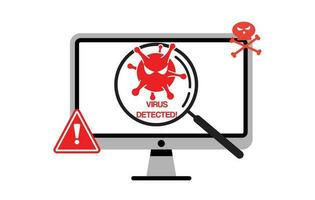 computadora monitor malware virus y loco detectado ilustración con lupa en teléfono inteligente pantalla vector