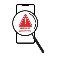 teléfono inteligente malware virus y loco detectado ilustración con lupa en teléfono inteligente pantalla vector