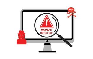 computadora monitor malware virus y loco detectado ilustración con lupa en teléfono inteligente pantalla vector