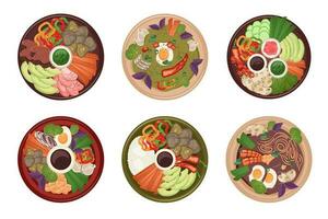 Set of Asian national dish top view. Japanese Food isolated. Chinese meal with meat, shiitake mushrooms, vegetables. Vector flat illustration for menu, delivery, bar, restaurant. Cooking concept