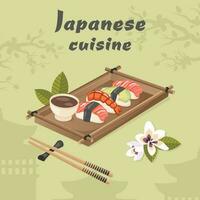 Japanese cuisine. Traditional oriental dish closeup with nigiri sushi roll, sashimi raw fish, seafood, shrimp, avocado, sakura flowers, chopsticks, sauce. Vector illustration for cooking concept