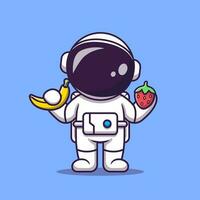 linda astronauta participación plátano y fresa dibujos animados vector icono ilustración. Ciencias comida icono concepto aislado prima vector. plano dibujos animados estilo