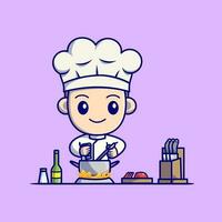 Cute Boy Chef Cooking In Kitchen Cartoon Vector Icon Illustration. People Profession Icon Concept Isolated Premium Vector. Flat Cartoon Style