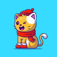 Cute Cat Winter Wearing Hat, Scarf And Shoes Cartoon Vector Icon Illustration. Animal Winter Icon Concept Isolated Premium Vector. Flat Cartoon Style