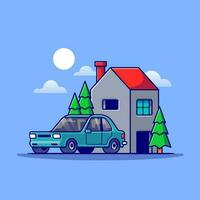 House And Car Cartoon Vector Icon Illustration. Building Transportation Icon Concept Isolated Premium Vector. Flat Cartoon Style