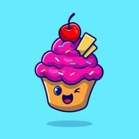 Cute Cup Cake Cartoon Vector Icon Illustration. Food Mascot Icon Concept Isolated Premium Vector. Flat Cartoon Style