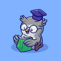 Cute Owl Reading Book With Eyeglasses And Graduation Cap  Cartoon Vector Icon Illustration. Animal Education Icon  Concept Isolated Premium Vector. Flat Cartoon Style