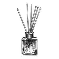 Aroma diffuser in a square glass bottle with sticks. Graphic illustration, hand drawn in black and white. EPS vector. Isolated object vector