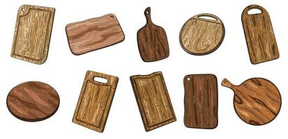 Set of different hand drawn cutting wooden boards with handle. Pizza barbecue and serving boards collection vector