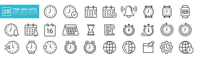 colección de hora y fecha iconos, cronograma, reloj, calendario, editable y redimensionable eps 10 vector