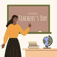 An african teacher in near the blackboard.African american teacher.Variety in education. Stock vector illustration.