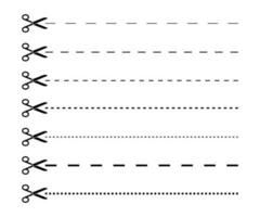 conjunto de tijeras con cortar líneas. negro tijeras corte vector iconos
