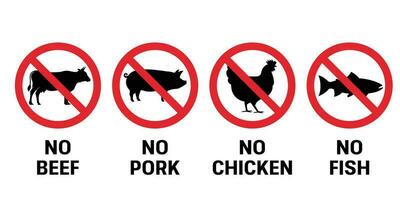 No pork, chicken, fish, and beef meat signs. No animal sign symbol icon collection vector