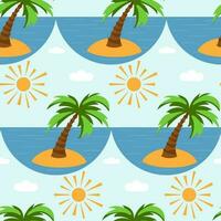 Vector seamless pattern with palm tree, sea and sun. Summer pattern in a flat style. Summer print.