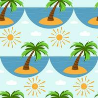 Vector seamless pattern with palm tree, sea and sun. Summer pattern in a flat style. Summer print.