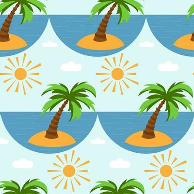 Vector seamless pattern with palm tree, sea and sun. Summer pattern in a flat style. Summer print.