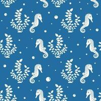 Vector seamless pattern on a blue background. Seahorse and seaweed in cartoon style. Summer, beach.