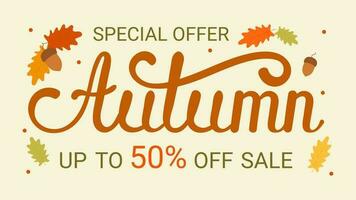 Text banners of the autumn sale for the September shopping promotion or the autumn discount in the store. Vector oak acorn with leaves for the design of a discount leaflet or a web banner.